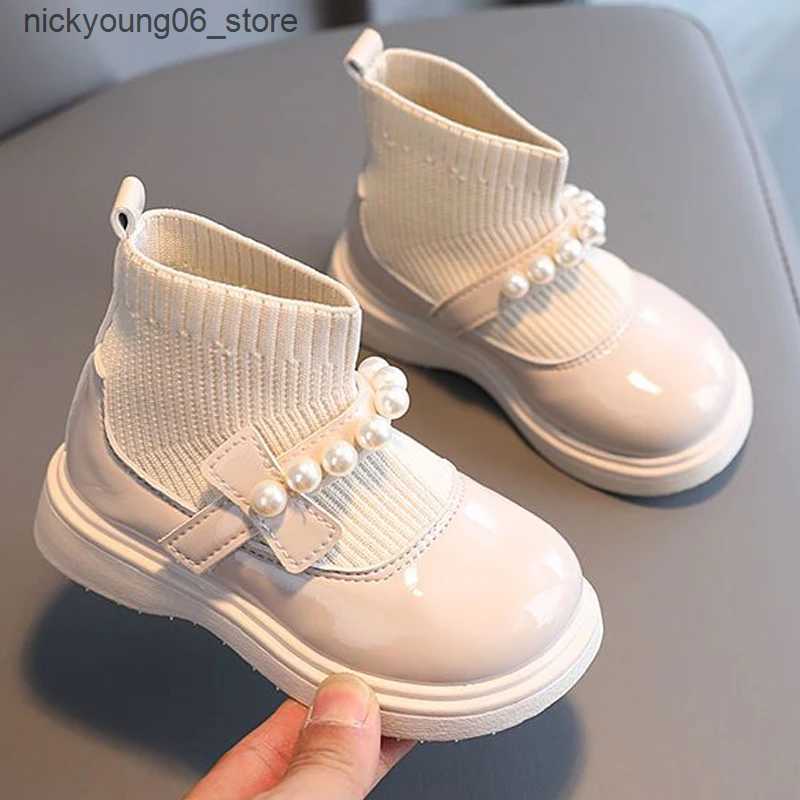 Boots Fashion Pearl Knit Splicing Girls Ankle Boots Soft Bottom Kids Casual Shoes Princess Slip-on Children Boots Baby Sports Sneakers L240910