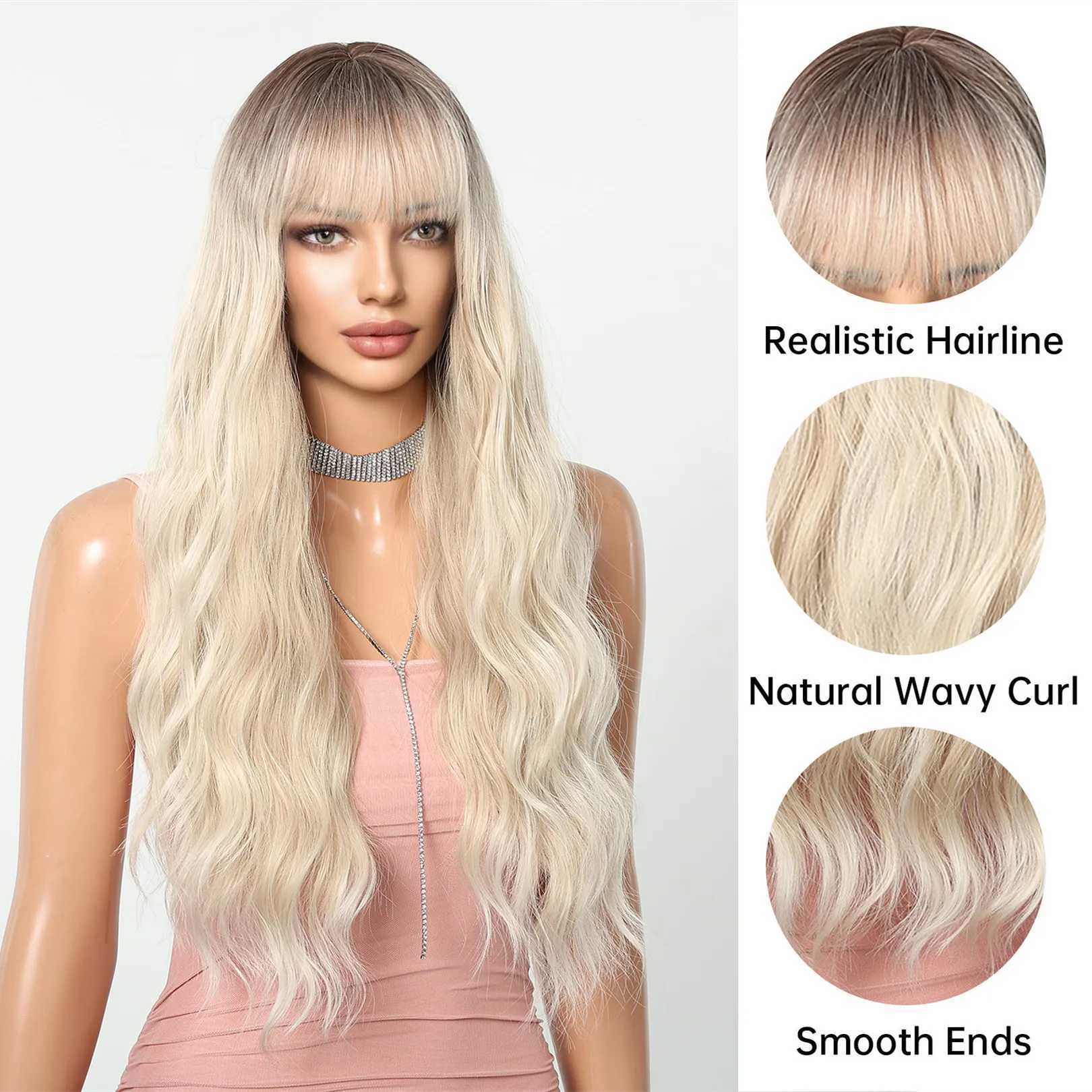 HENRY MARGU Platinum Blonde Synthetic Wigs Long Water Wavy Wig with Bangs Ombre Dark Roots Blonde Hair Heat Resistant Daily WigXJ241008