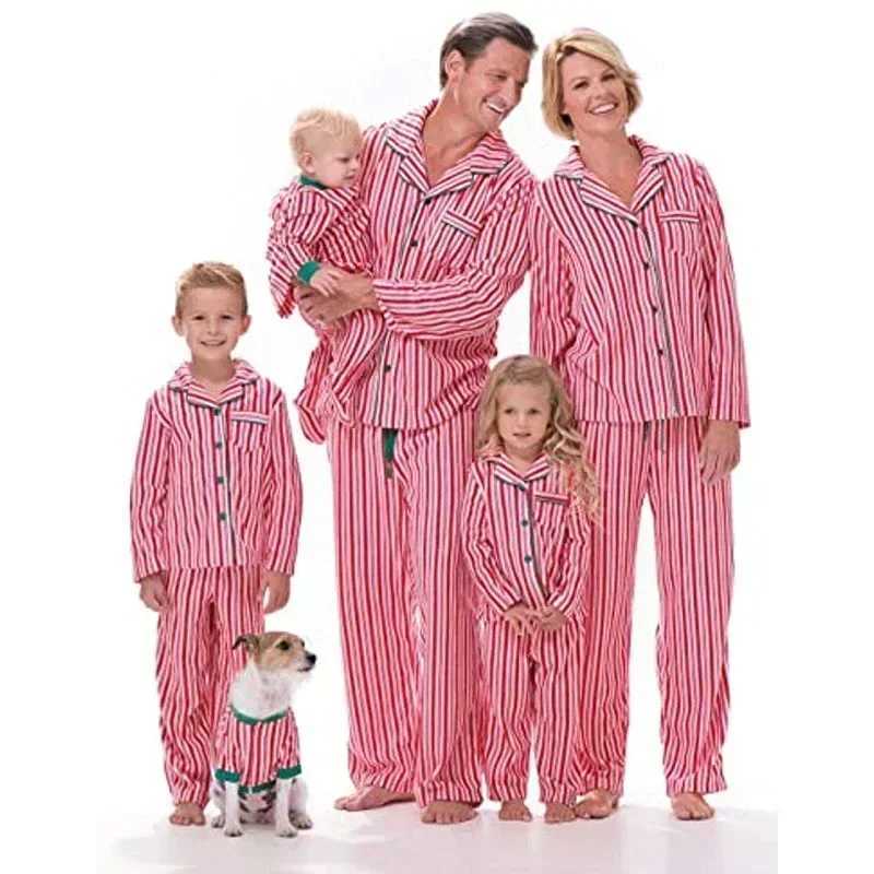Family Christmas Pajama Set Bar Printing Adult and Children Matching Clothing Button Shirt+Trouthers Baby and Dog Pants Christmas Appearance Pajamas W