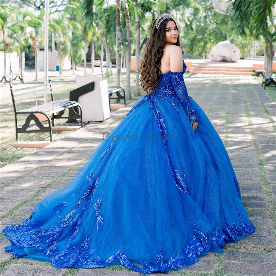 Sparkly Royal Blue Quinceanera Dresses 2025 Glitter Sequins Fifteen Birthday Party Dress Sweetheart Appliques Corset Vestidos De 15 Anos Quinceaneras 