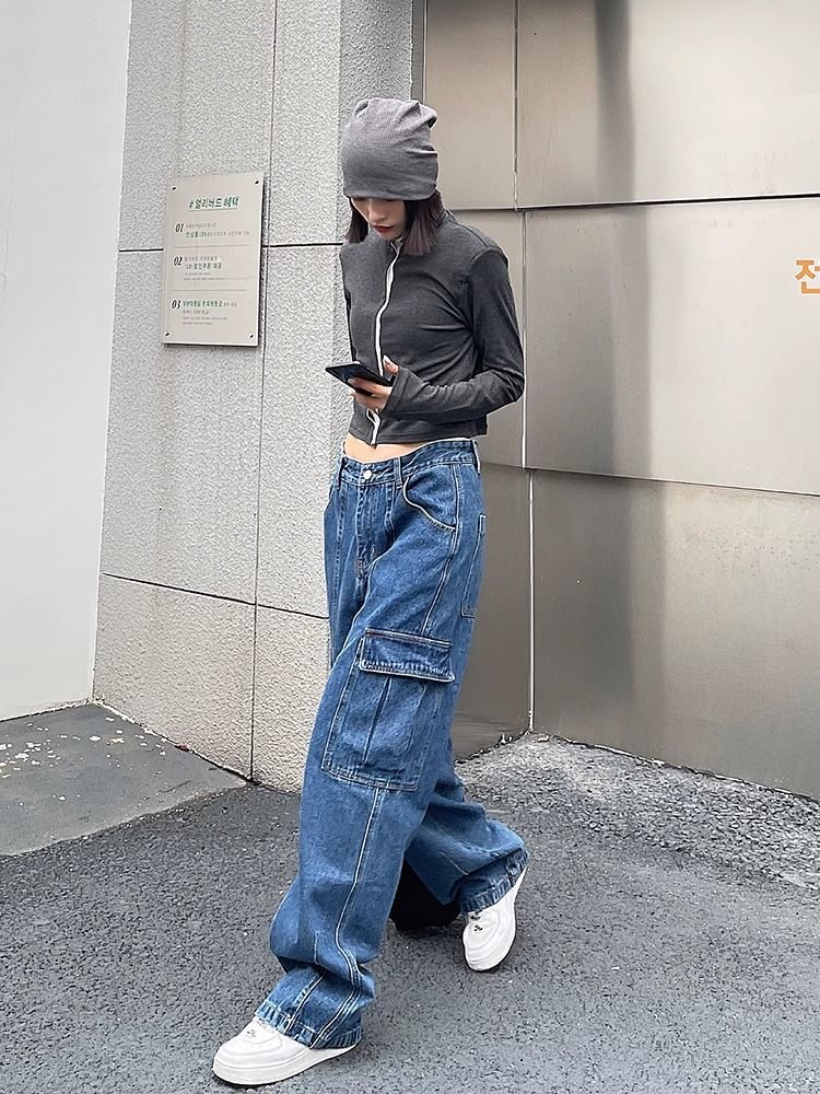 American New Style Retro Multi-Pocket Casual Overalls Y2k Women Low-Waist Hip-Hop Slim Loose Couple Straight Pants