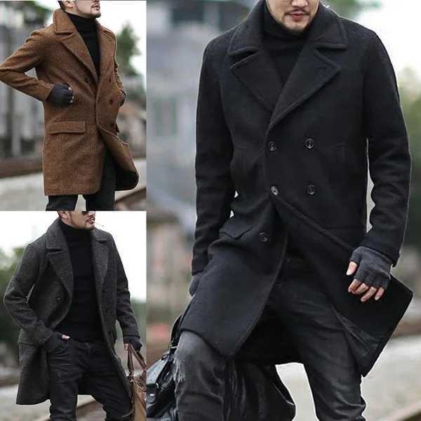 New winter 2024 double layered mid length mens turtleneck tweed trench coat for fast sales W241007