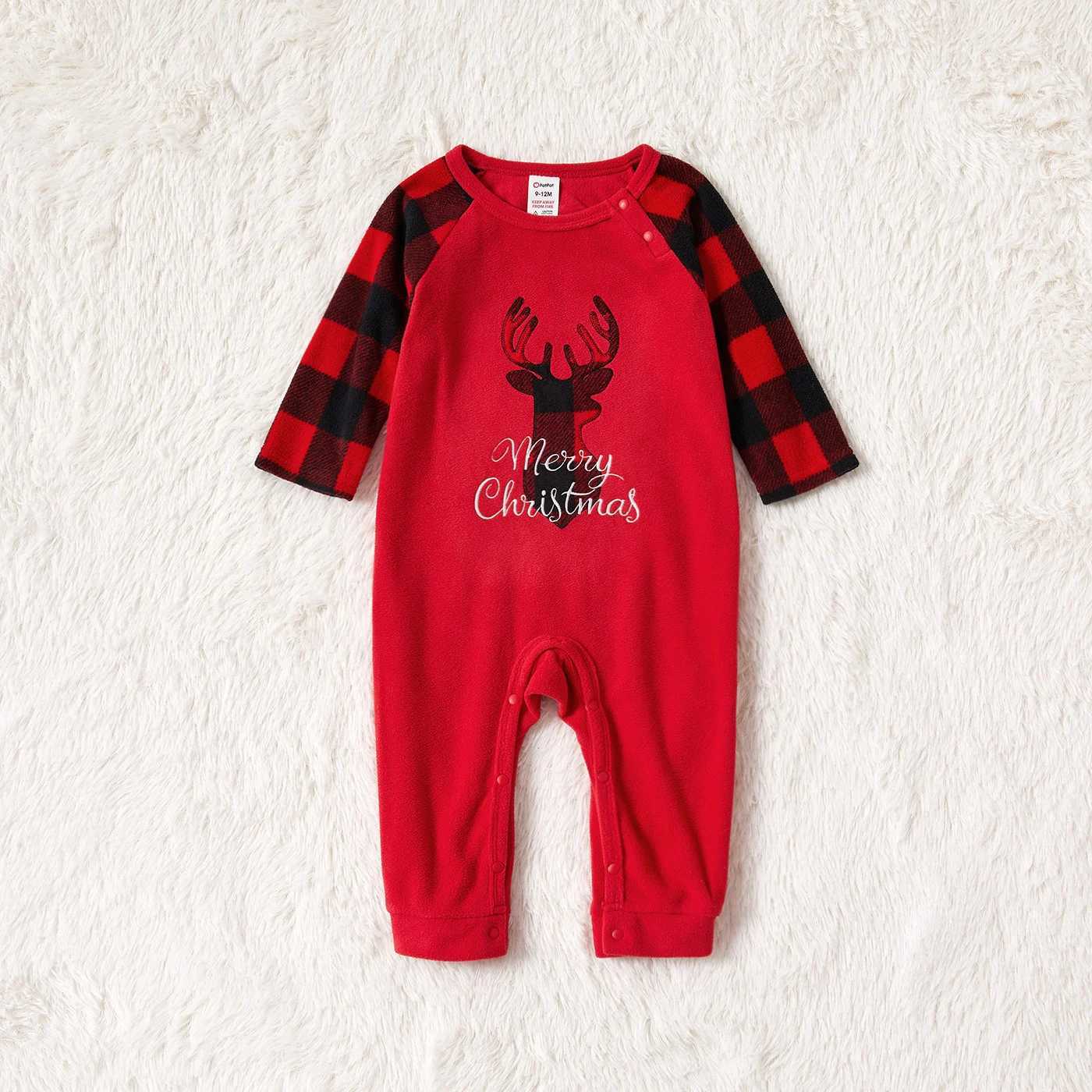 Christmas Deer and Letter Embroidered Red Family Match Sleeping Polar Wool Pajama Set (Fireproof) W241008