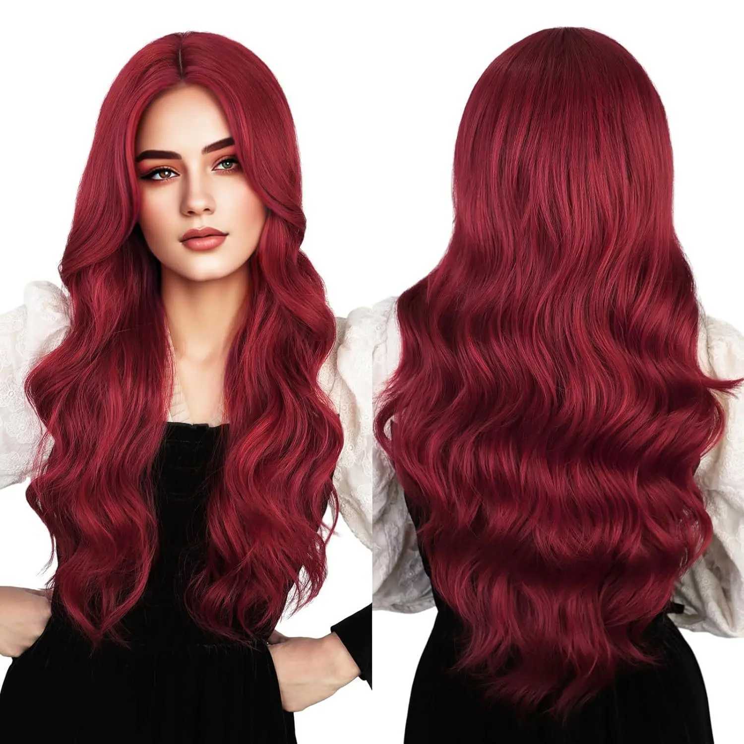 New wig fashion womens curly hair synthetic fiber high temperature silk head set wine red medium part long curly hairXJ241008