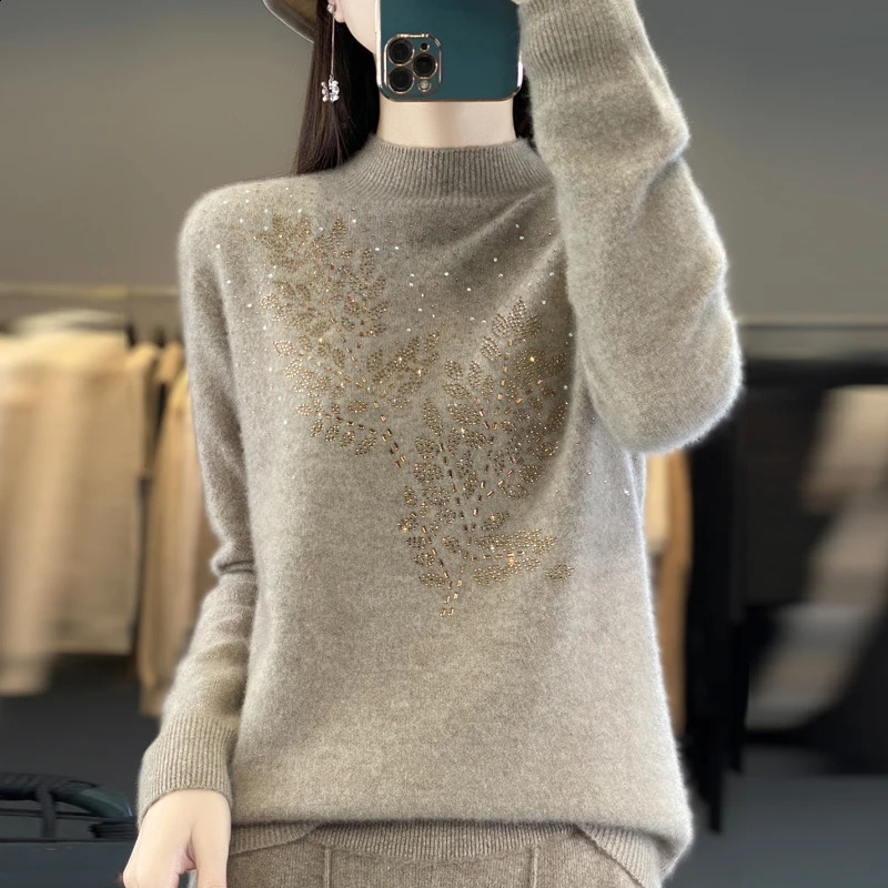 DjzDsm 100% Merino Pure Wool Womens Diamond Half Turtle Neck Sweater AutumnWinter Long Sleeve Knitted Top 241007