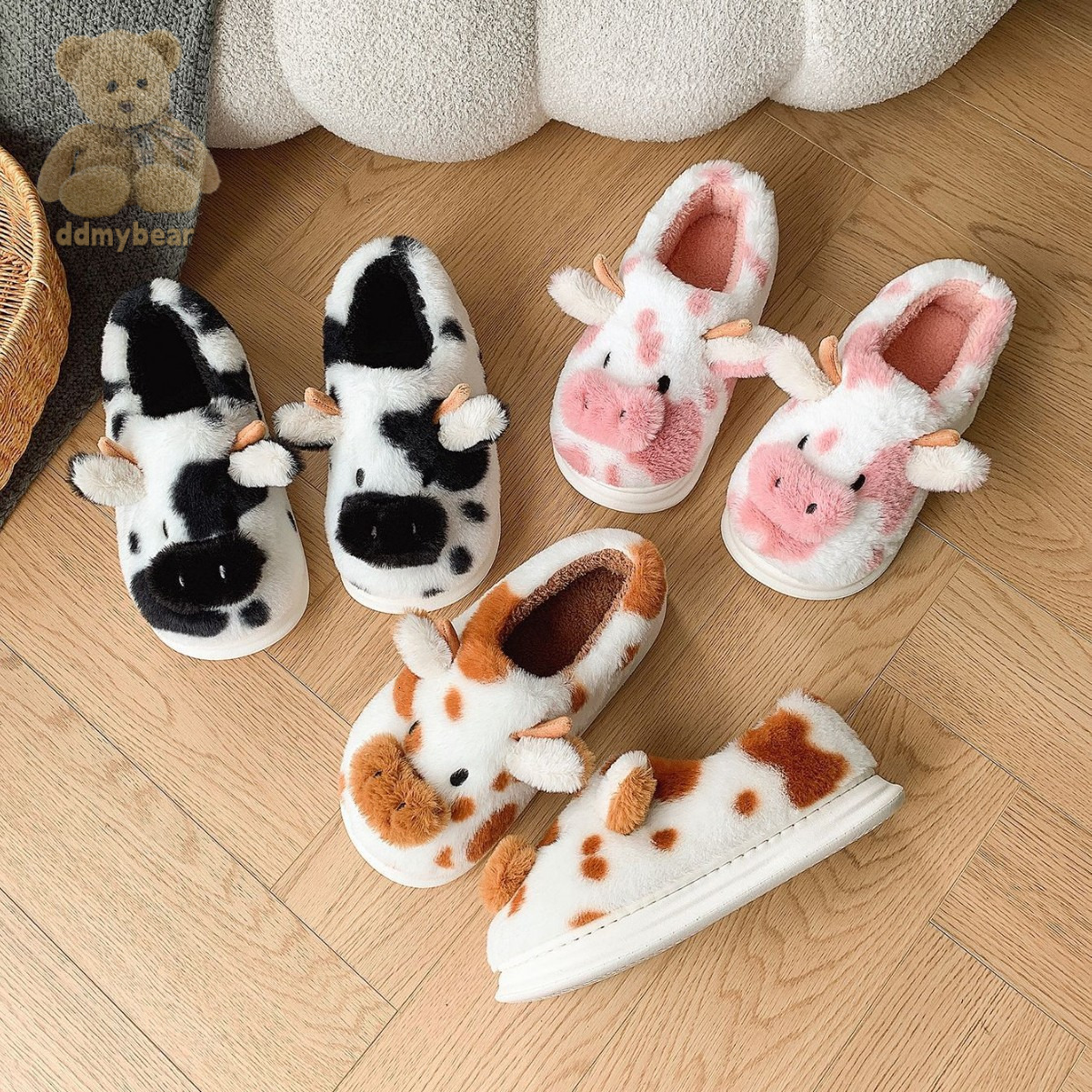 Ddmybear Thickened Bag Cartoon Cow Fur Slippers, Winter Leisure, Indoor Home, Warm And Non Slip Headband Chinese Brand Shoes F1008-25