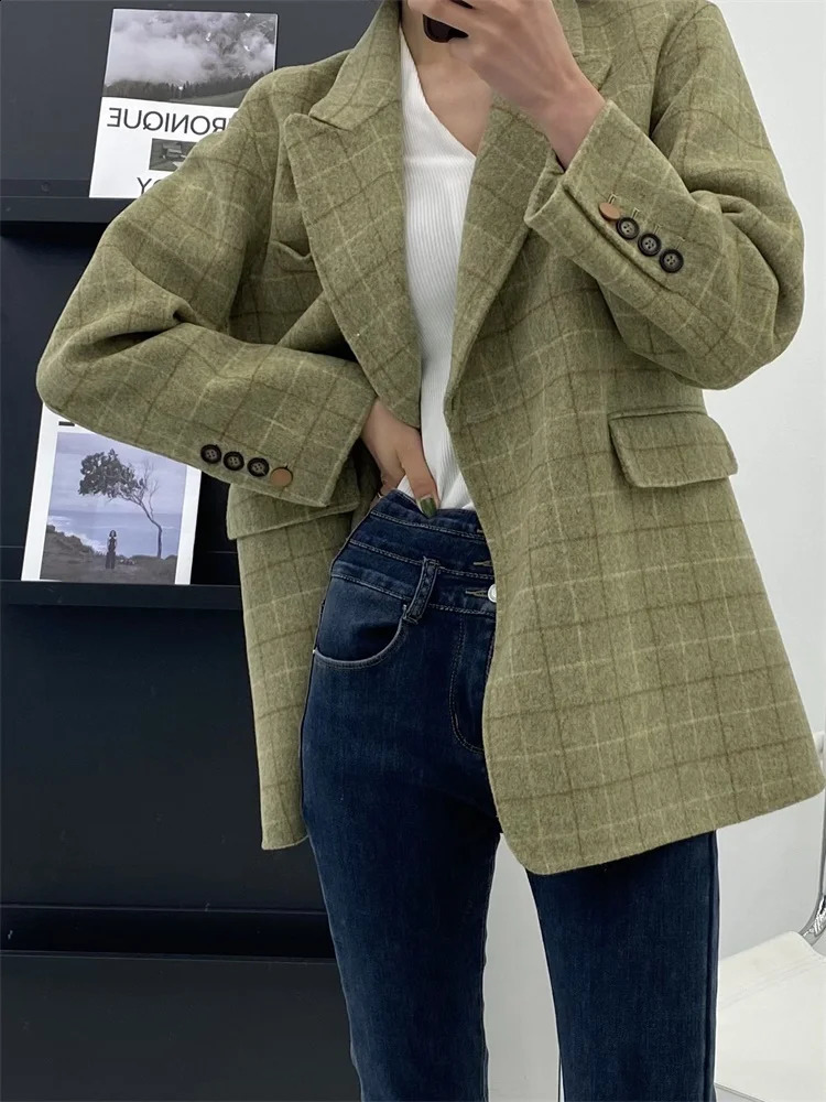 Green grid 100% wool coat womens Korean fashion elegant wool jacket 240927
