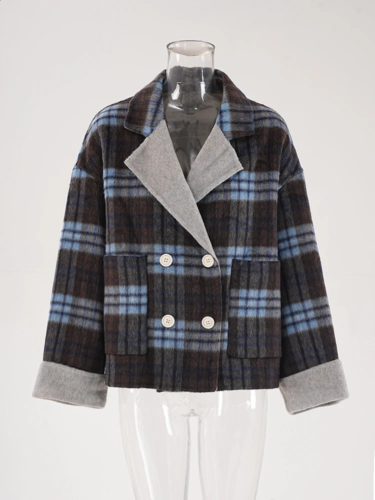 DEAT fashion womens plain woolen coat contrasting color notch collar loose double chest short blend jacket autumn item 240927