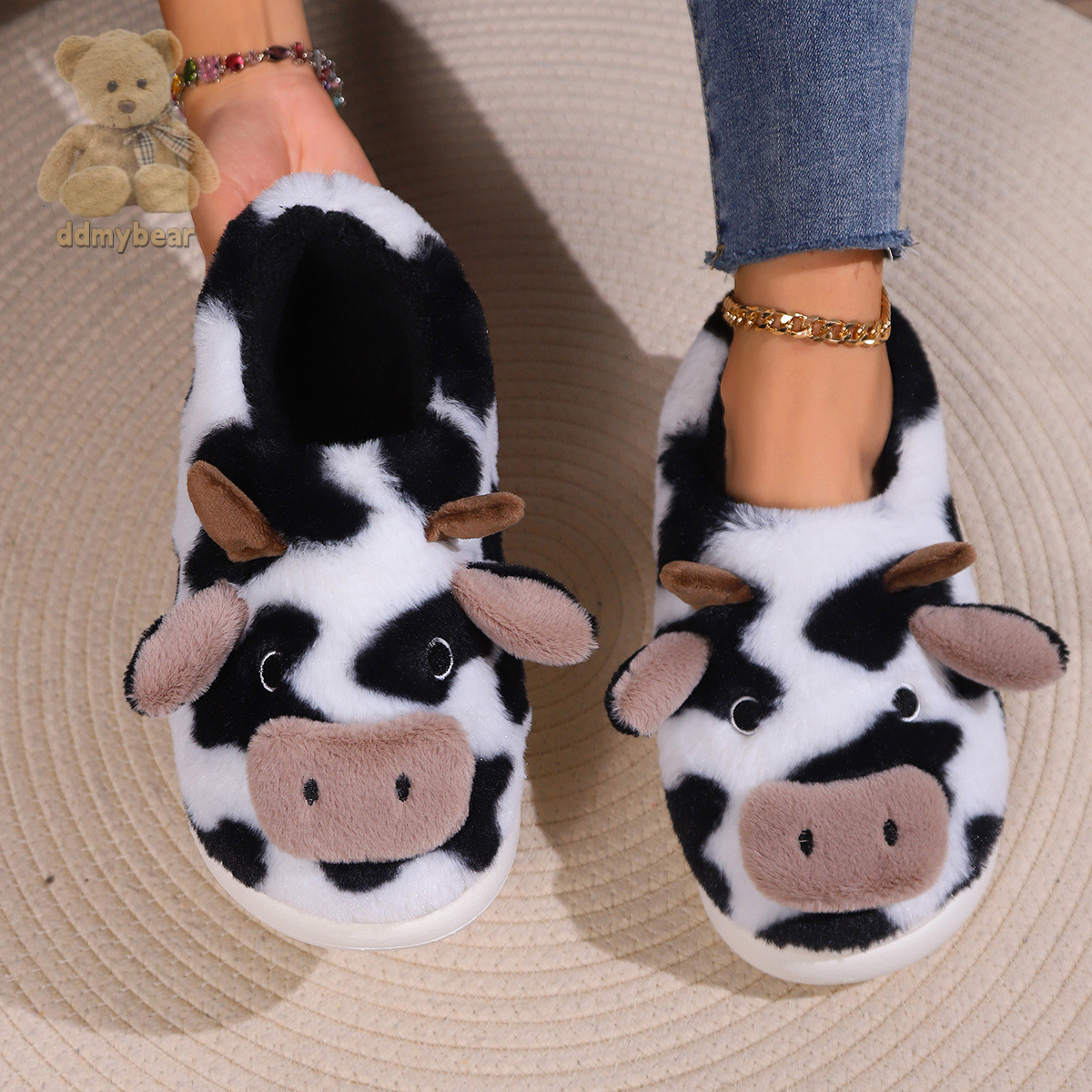 Ddmybear Thick Cartoon Cow Fur Bag With Cotton Slippers Winter 2024, Suitable For Indoor Warmth, Wear Resistance, And Anti Slip Chinese Brand Shoes F1