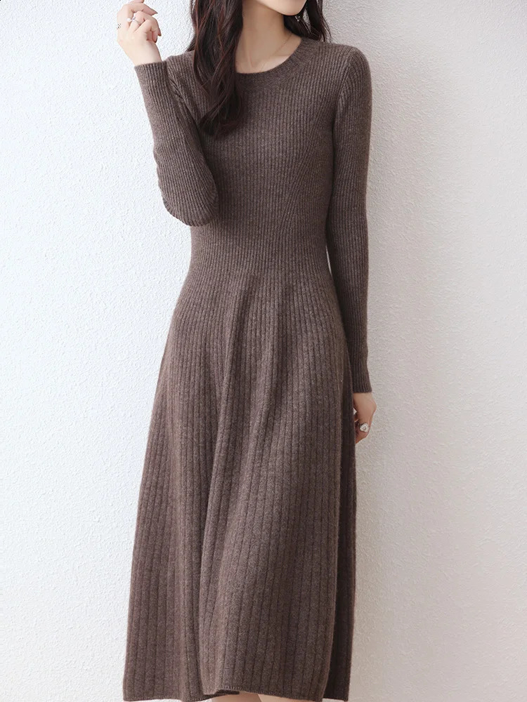 100% pure wool knitted dress womens Oneck ultrathin Frock high waisted long skirt fashionable pullout sweater large swing 241007