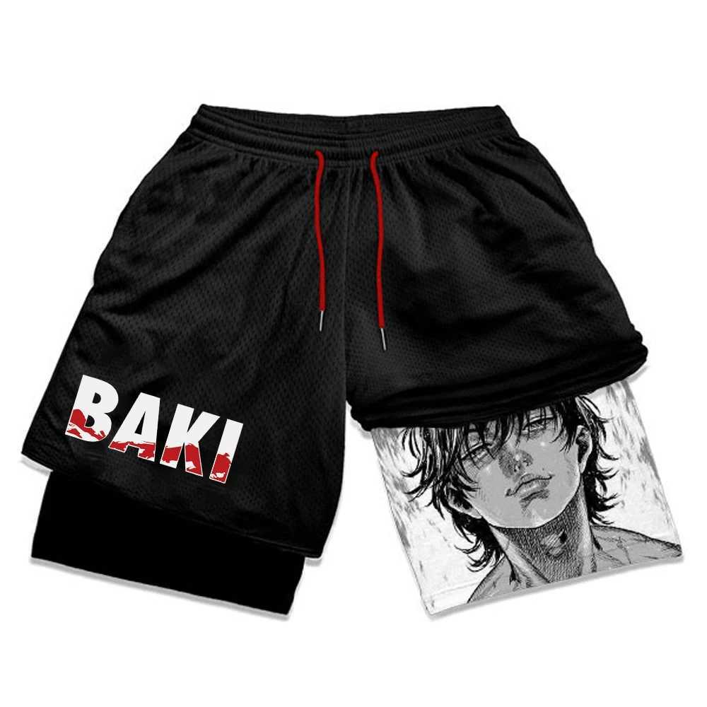 Baki Hanma Anime Gym Shorts Mens Manga 3D Printing 2-in-1 Performance Shorts for Exercise Fast Drying Exercise Compression Shorts SummerW240713