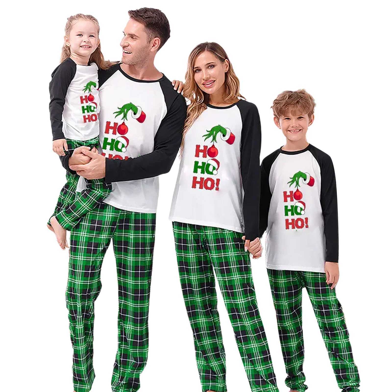 Christmas Family Pajama Set Cartoon Printed Long Sleeve T-shirt Green Plain Pants Christmas Set Soft Casual Clothing W241008