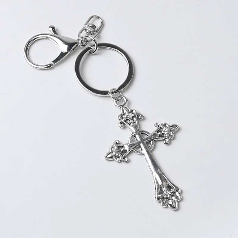 2021 New Large Detailed Silver Color Cross Pendant Keychain Gothic Jewellery Fashion Charm Delicacy Beautiful Men and Women GiftX241008