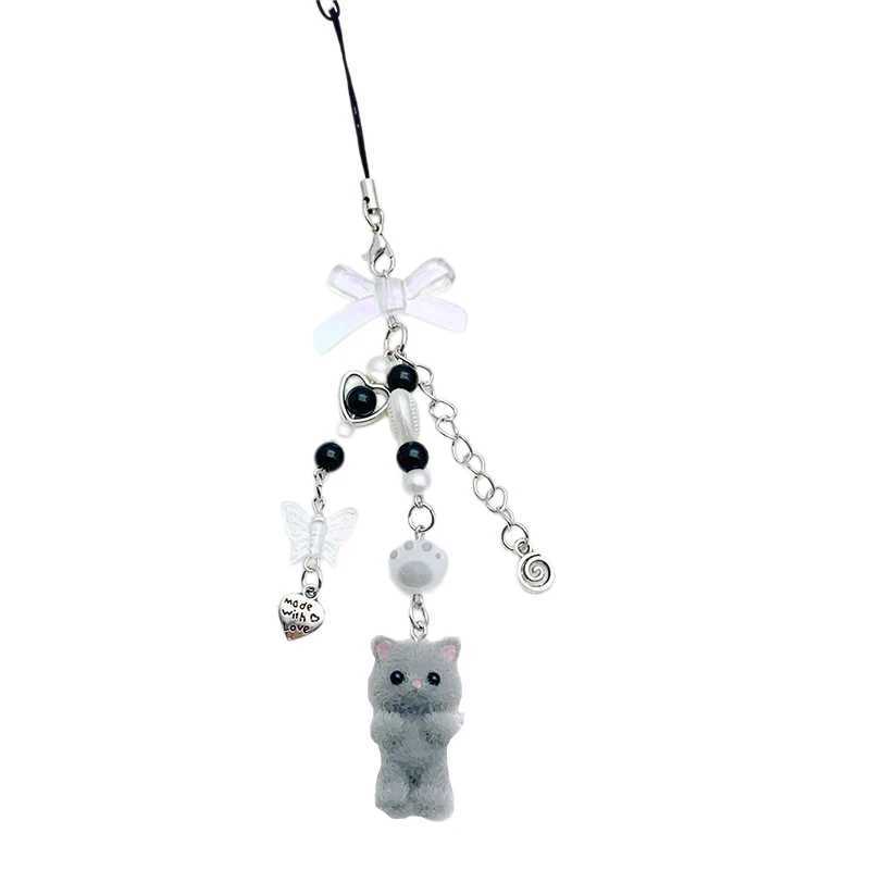 Cute Creative Keychain Pendant Fashion Minimalist Bowknot Flocking Cat Phone Strap Sweet Phone Lanyard Bag Decoration GiftsX241008