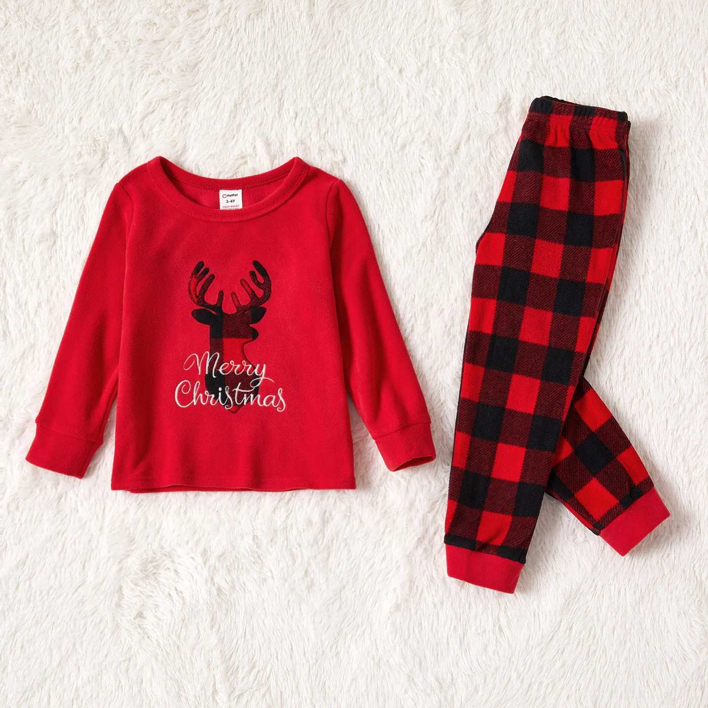 Christmas Deer and Letter Embroidered Red Family Match Sleeping Polar Wool Pajama Set (Fireproof) W241008