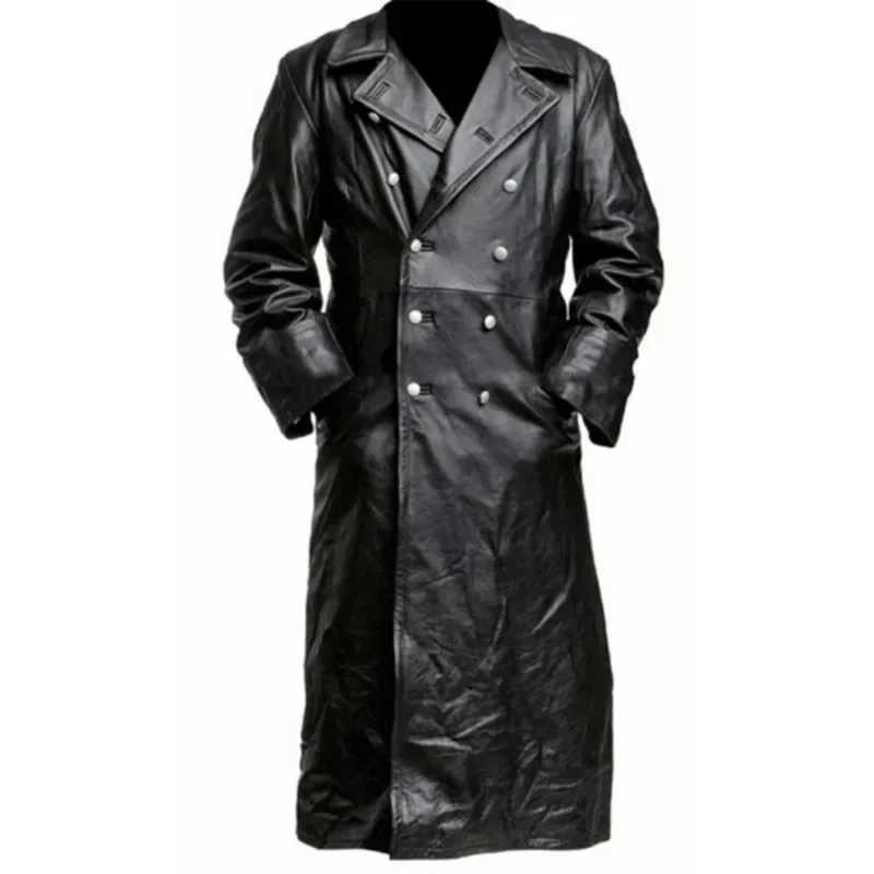 Black leather raincoat officer military classic German mens jacket mens long jacket W241007
