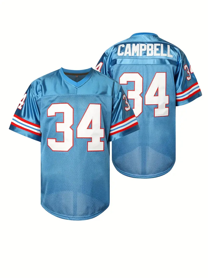#34 Earl Campbell Comfy V-Neck Football Jersey Light Blue Mesh Embroidery for Training and Competition Breathable Moisture-Wicking American Football S