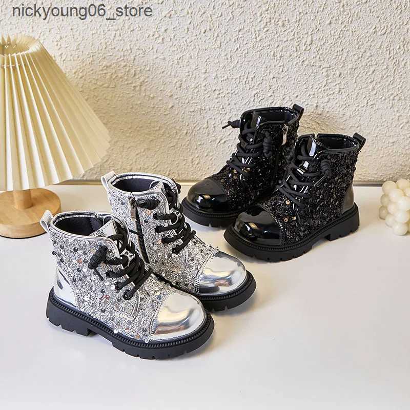 Boots 2024 Autumn New Girls Ankle Boot Sequins Versatile Kids School Black Boots Fashion Causal Children Leather Boots soft sole L240910