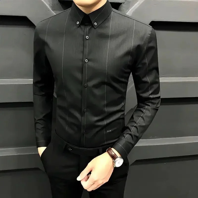 Top tier formal mens office shirts and shirts striped dresses business black social buttons cool Asian elegance I 241007