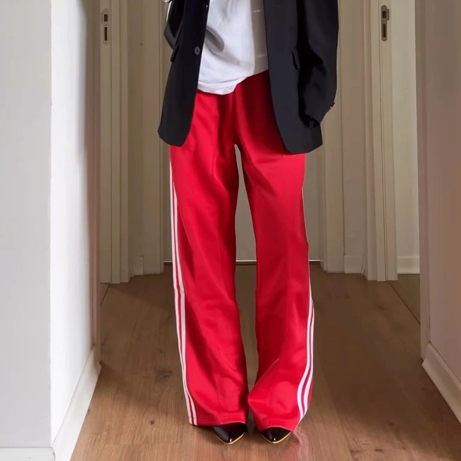 Women Y2k Wide Leg Track Pants Baggy Striped Joggers Sweatpants Elastic Waist Color Block Parachute with Pockets 241007