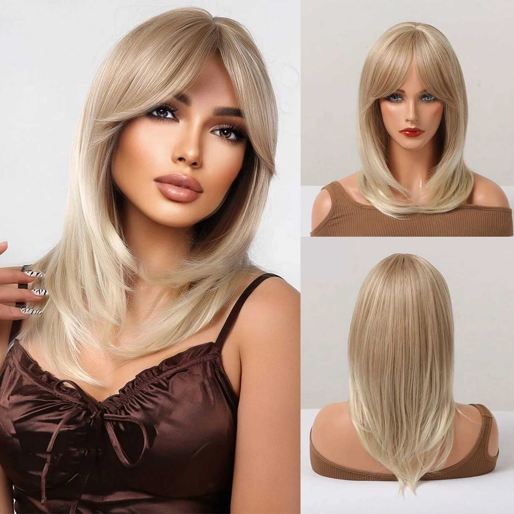 Ombre Color Blonde Wig with Bangs Long Straight Wigs for Women Synthetic Wig Dark Roots for Daily Party CosplayXJ241008