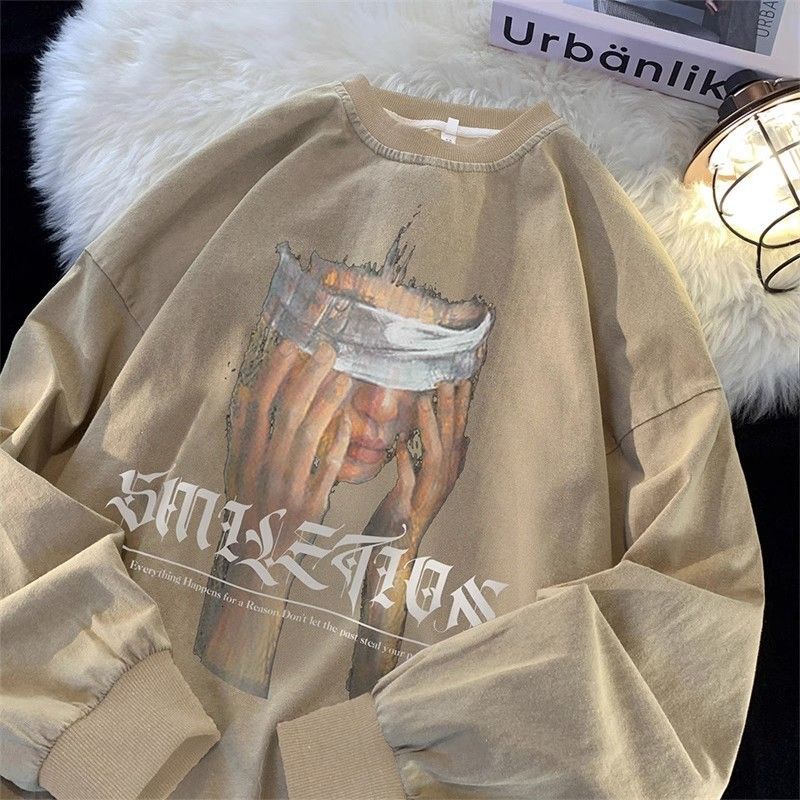 2024 New Designer Washed Retro American Long Sleeve Hoodie Suitable for Men Without Hats Autumn Trendy Brand High Street Oversized