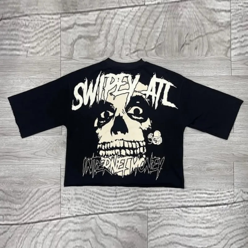 Vintage Skull Print 100% Cotton Cropped T-Shirt Men Y2K Gothic Summer Short Sleeves Oversize Tshirt Streetwear Women Tops 241008