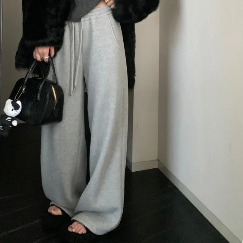 Deeptown Vintage Baggy Sweatpants Women Harajuku Oversize Grey Jogger Wide Pants with Fleece Casual Retro Korean Cotton Trousers 241008