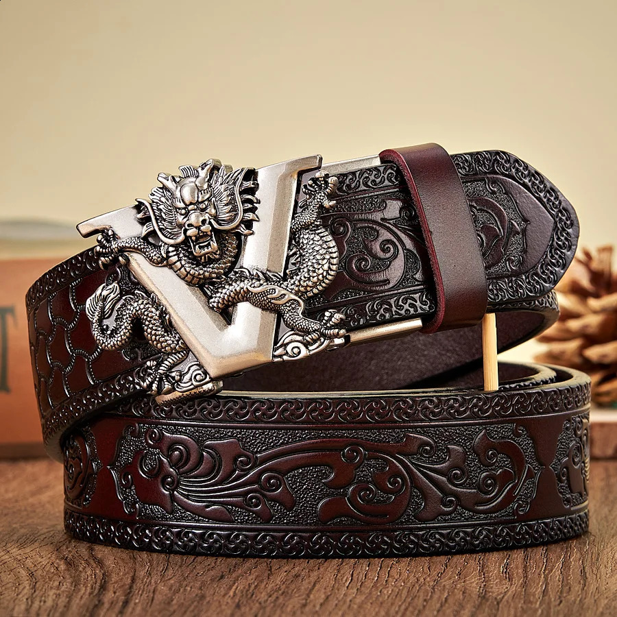 3.5CM V-shaped buckle genuine cowhide belt high-quality alloy automatic buckle printing waste belt gift business mens belt 240925