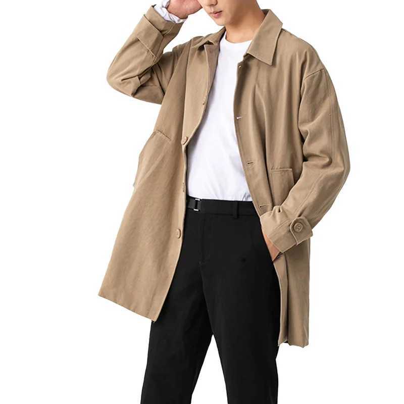 Mens Trench Loose Fashion City Business Leisure Mens Solid Color Medium to Long Japanese Style Youth Luxury Khaki Windbreaker W241007