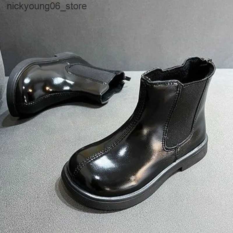 Boots Kids Fashion Black Girls Short Boots Zipper Beige Children Chelsea Boots Glossy Britain PU Spring Autumn Non-slip Drop Shipping L240910
