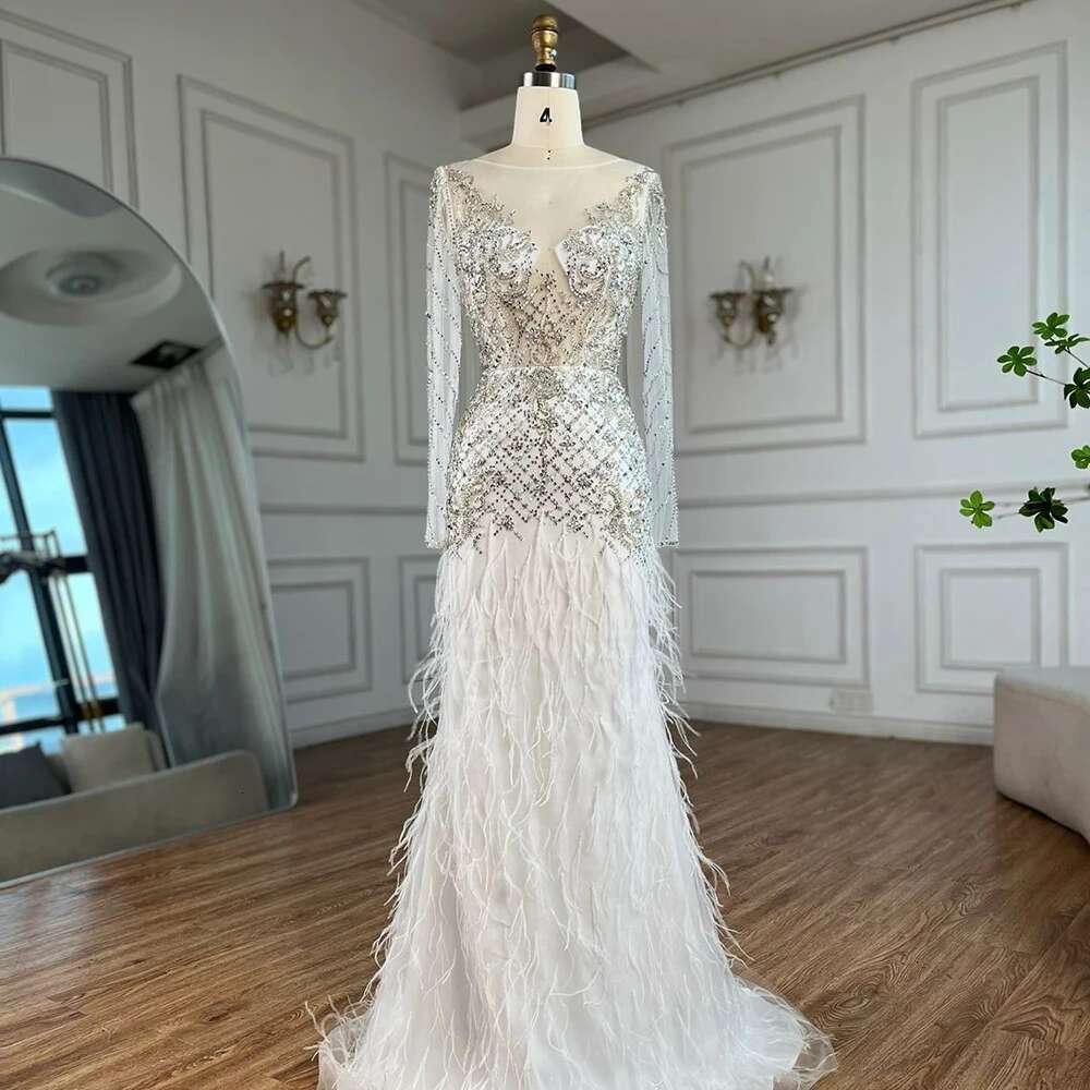 Serene Hill 2024 Arabic White Mermaid Dubai Evening Gown with Feathers Beaded Dress for Women's Party DLA72646