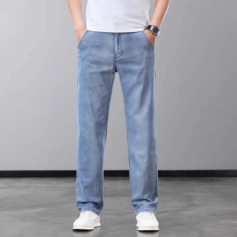 Summer thin mens jeans Lyocell fabric soft and breathable straight denim pants brand mens elastic ice silk casual Trouser gray blueW240715
