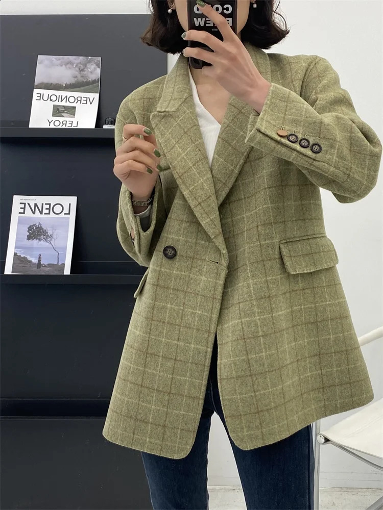 Green grid 100% wool coat womens Korean fashion elegant wool jacket 240927