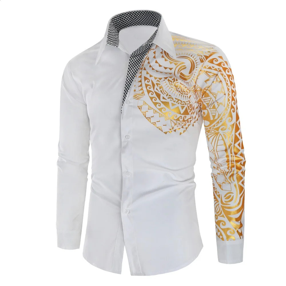 mens shirt gold stamping printed long sleeved ultra-thin fit lapel selling 241008