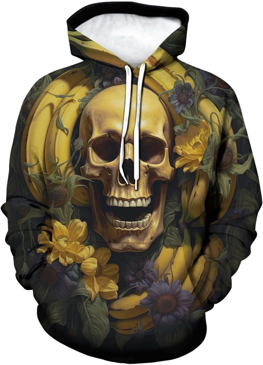 Hoodie for Mens Womens Mens Novelty Banana Skull Hoodies Adult Hip Hop Long Sleeve Sweatshirt Hoodie Pocket Graphic Hoodies sweatshirt Pullover Long S