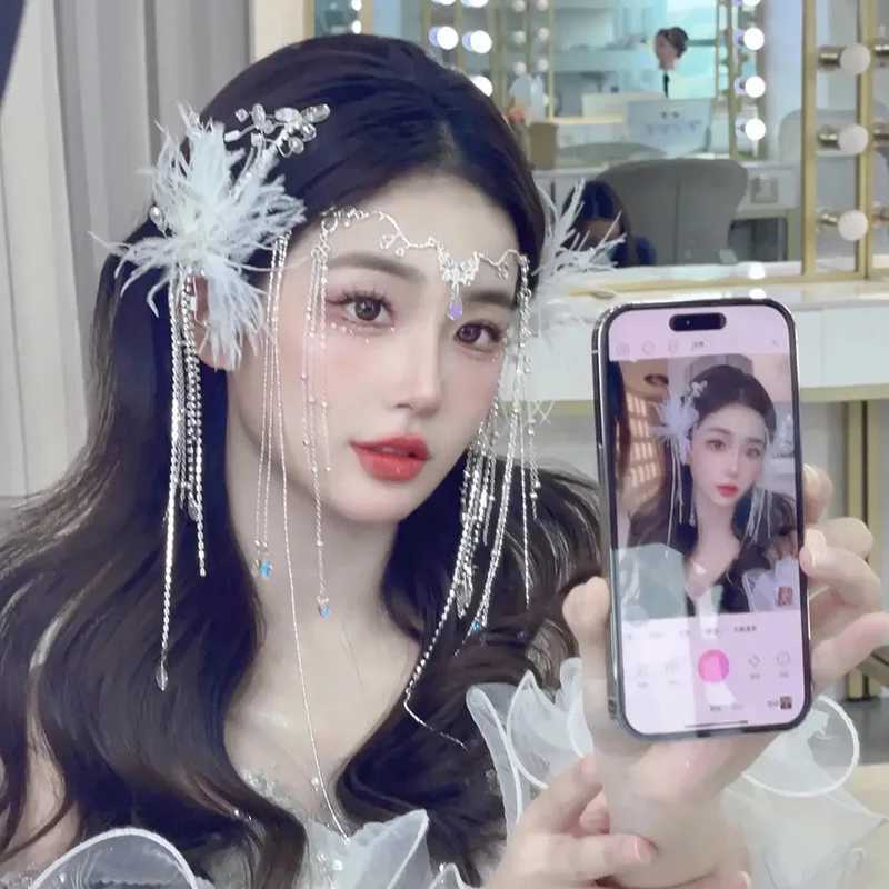 Deluxe crystal head with feather hair clip used for wedding and bridal hair accessories W241007