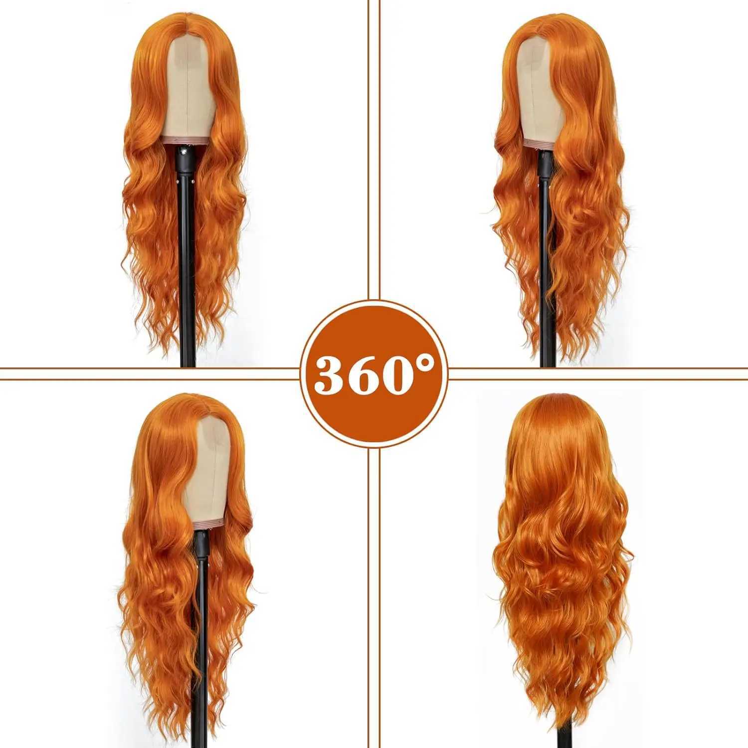 Tereshar Long Ginger Orange Wavy Synthetic Wig for Women Middle Part Curly Wavy Wig Heat Resistant Fiber Wig for Daily Party UseXJ241008