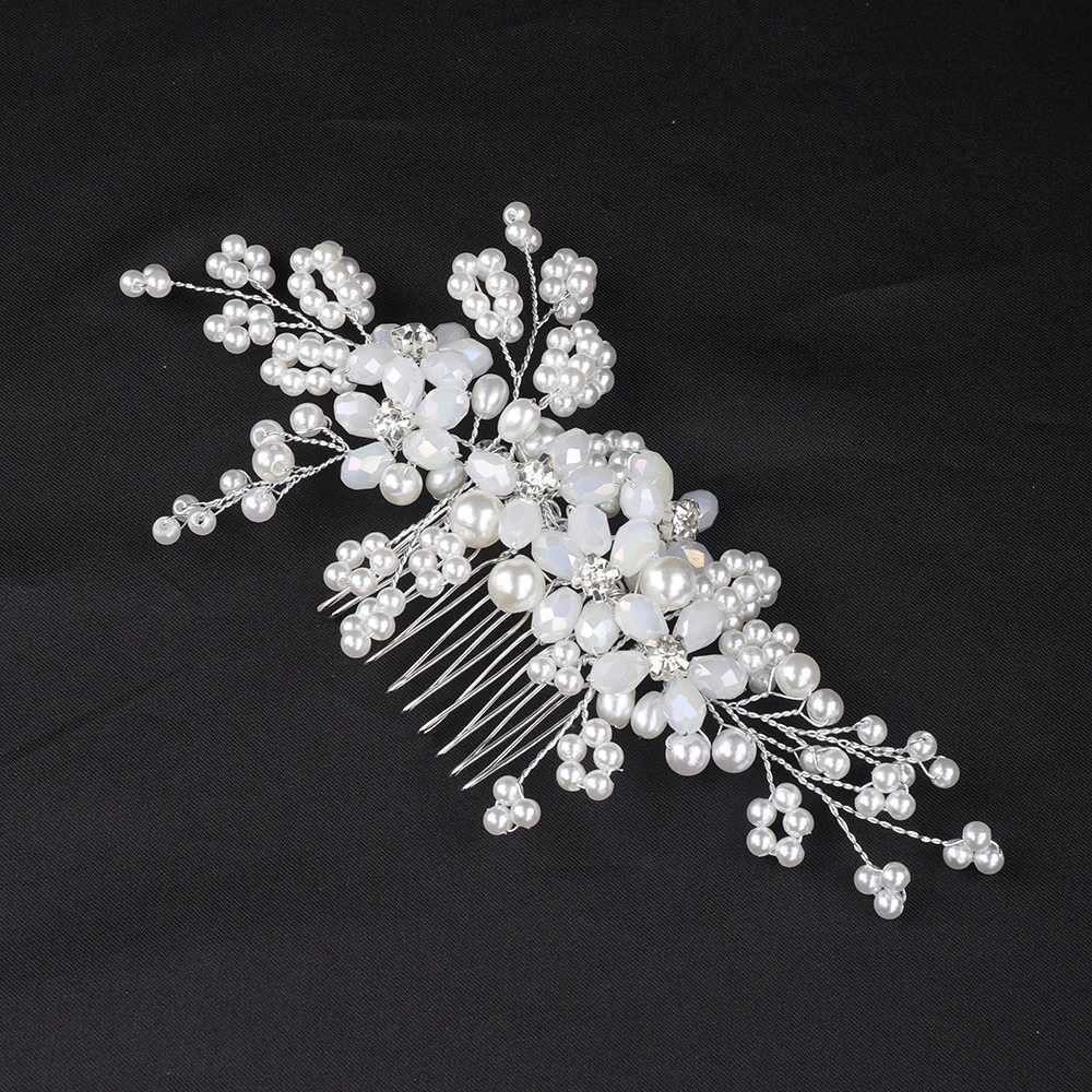 Fashionable Silver Flower Hair Comb Handmade White Crystal Womens Headwear Bridal Headwear Dance Wedding Hair Accessories W241007