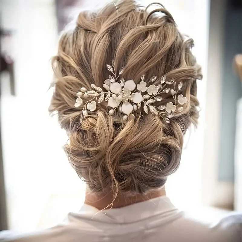 Wedding bride earrings comb pearl long hair vine hair accessories flower rhinestone handmade headpiece W241007