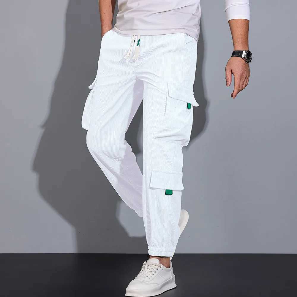 Mens autumn Corduroy jogging pants casual cargo pants solid color drawstring elastic waist bag with pocket tapered sports pants CL241008