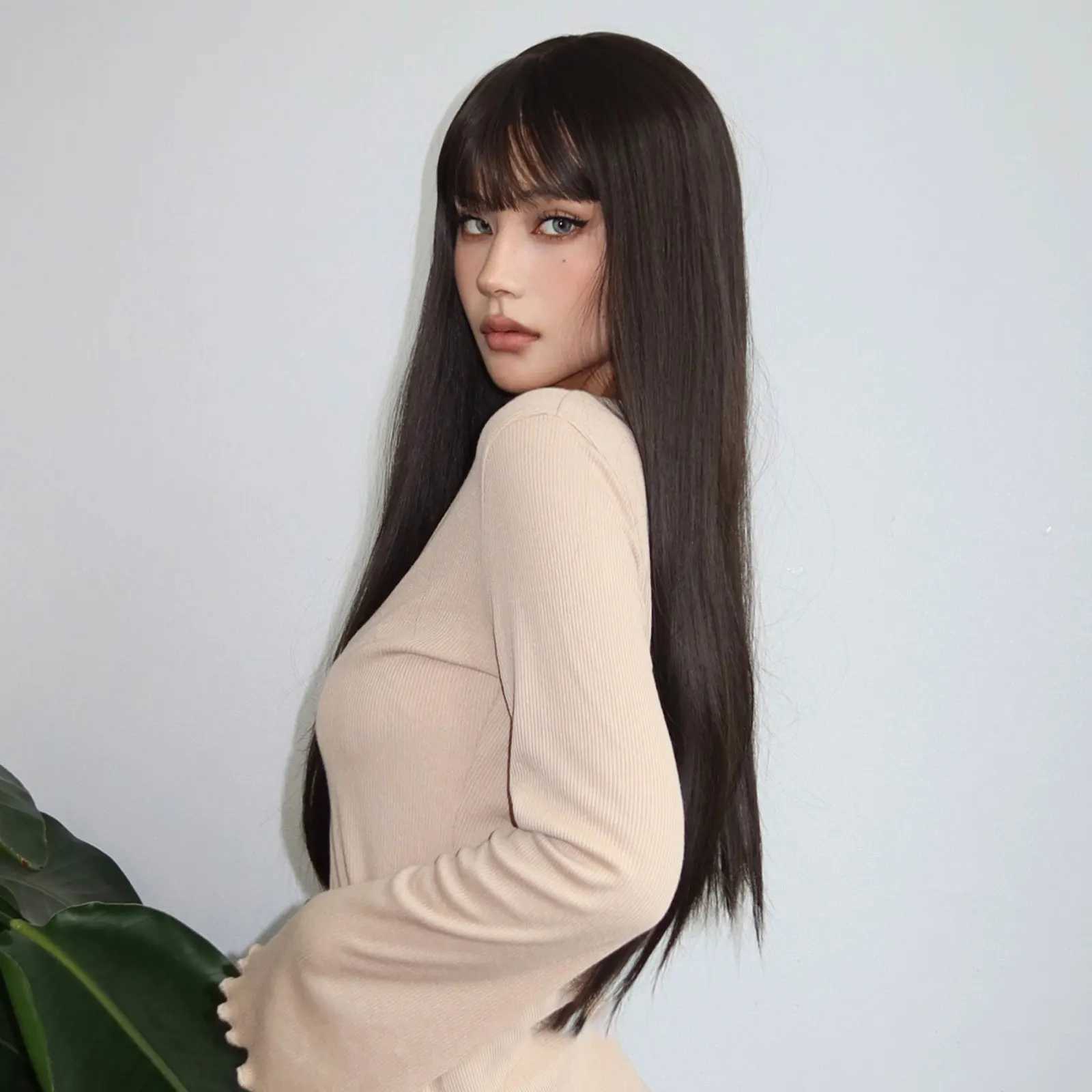 Long Straight Black Wig with Bangs 26 Inch Black Brown Natural Hairline Female Synthetic Wig for Women Daily Wear Mothets DayXJ241008