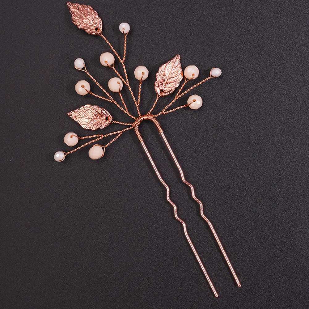 Bridal Wedding Crystal Leaves Rose Gold Hair Pin Female Pearl Wedding Head Bridal Ball Birthday Hair Accessories W241007