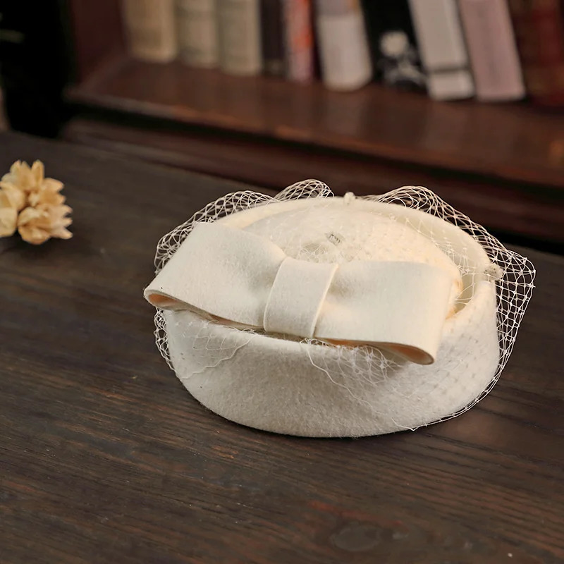 Ladies Elegant Pork Pie Pillbox Hat Ladies Banquet Veil Fedora Ladies Wedding White Felt Beret Fashion 100% Wool Charm 241007