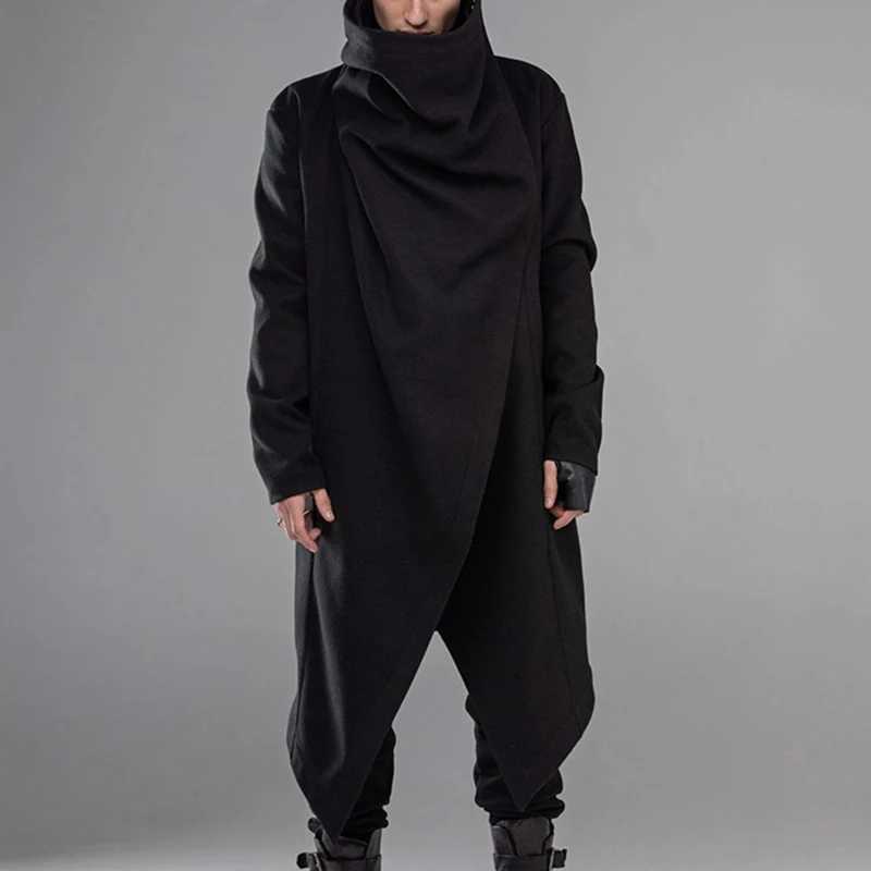 Mens long sleeved solid color fashion scarf high neck Trench jacket Street Trend Style Baggy warm coat men W241007