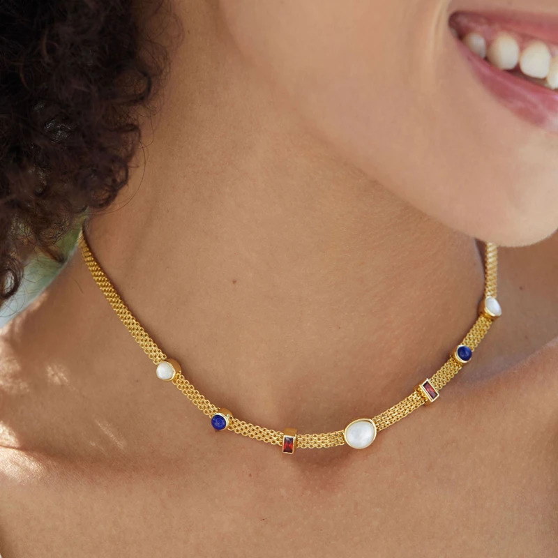 Natural lapis lazuli white shell 925 silver gold-plated pendant necklace for women zircon French necklace 240925