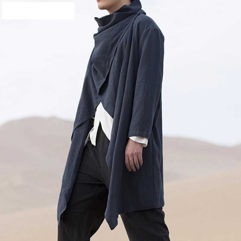 Mens retro jacket trench windproof casual pure cotton solid color scarf collar irregular long sleeved cape loose fashion new W241007