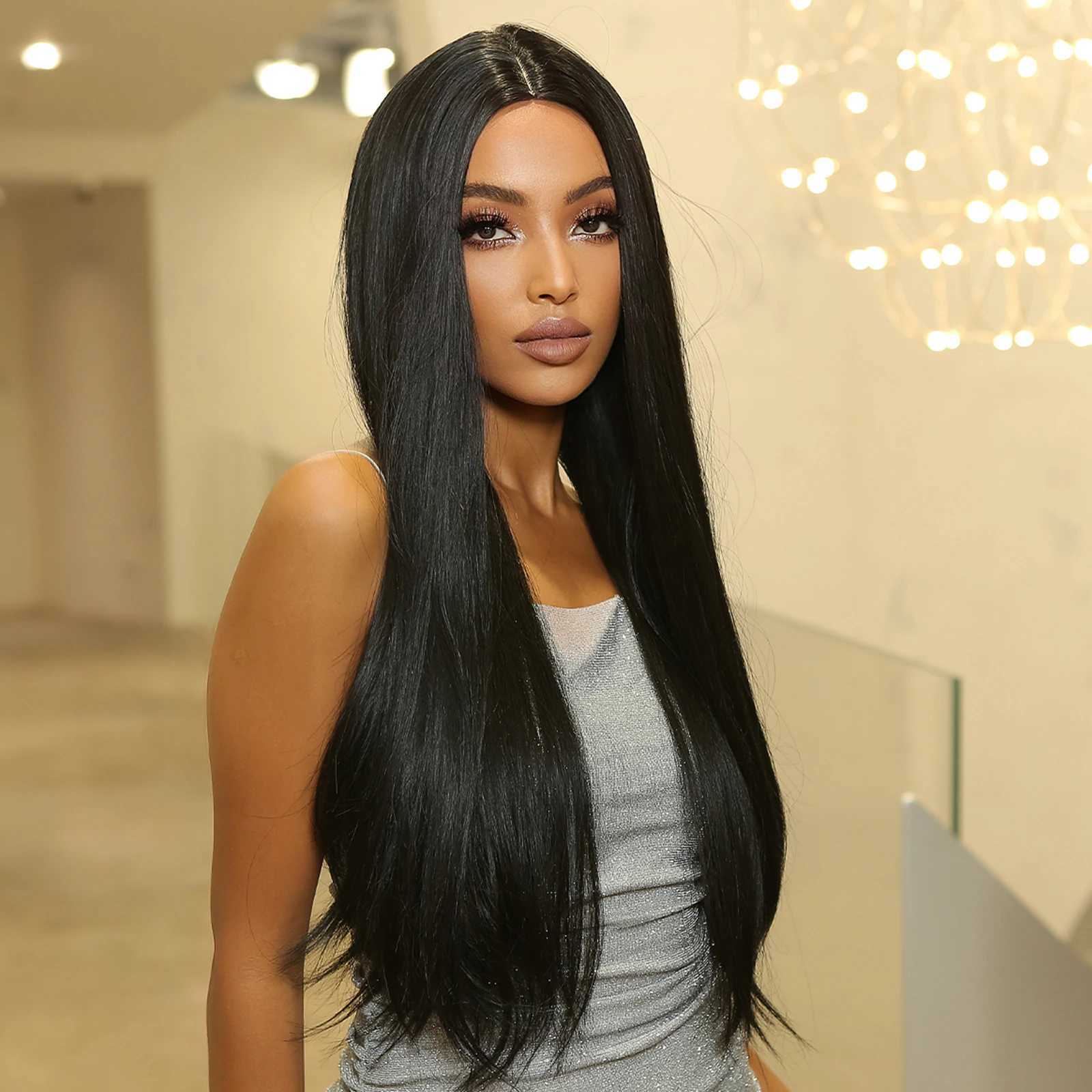 Long Dark Straight Synthetic Wigs Natural Black Fake Hair Wig Middle Part for Women Afro Daily Party Cosplay Heat Resistant UseXJ241008