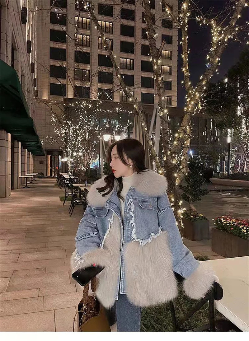 2024 Autumnwinter Faux Fur Parka Coat with Thick Fleece Denim Jacket for Womens Clothing 241008
