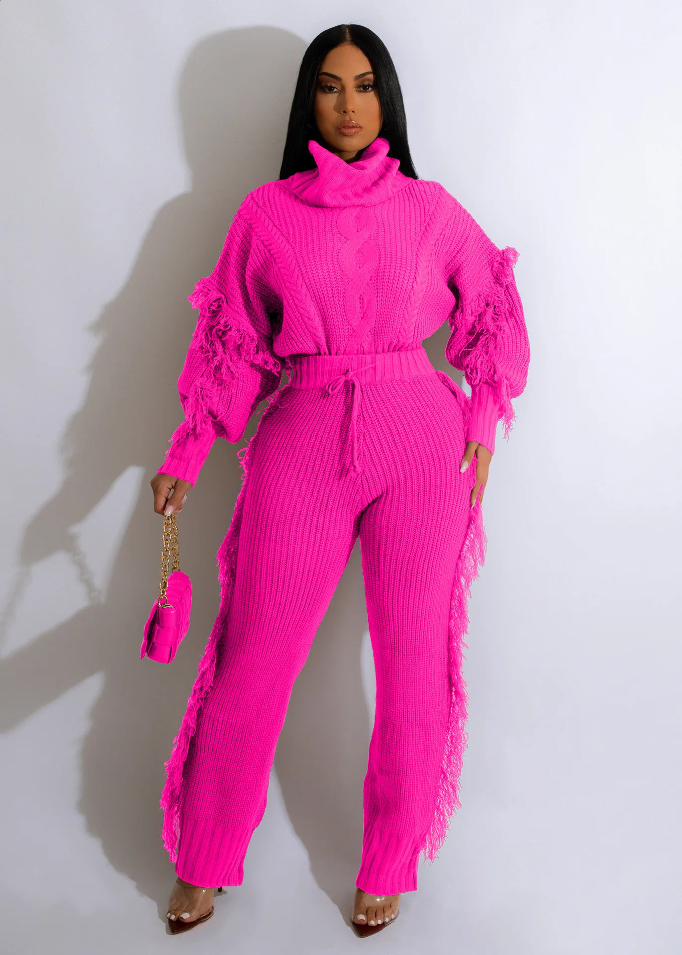 Knitted sweater set womens track suit autumn tassel sleeves navy blue collar mouth floral side pants casual and warm twopiece 241007